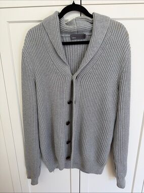 Vince Light Gray Ribbed Shawl-Collar Cardigan